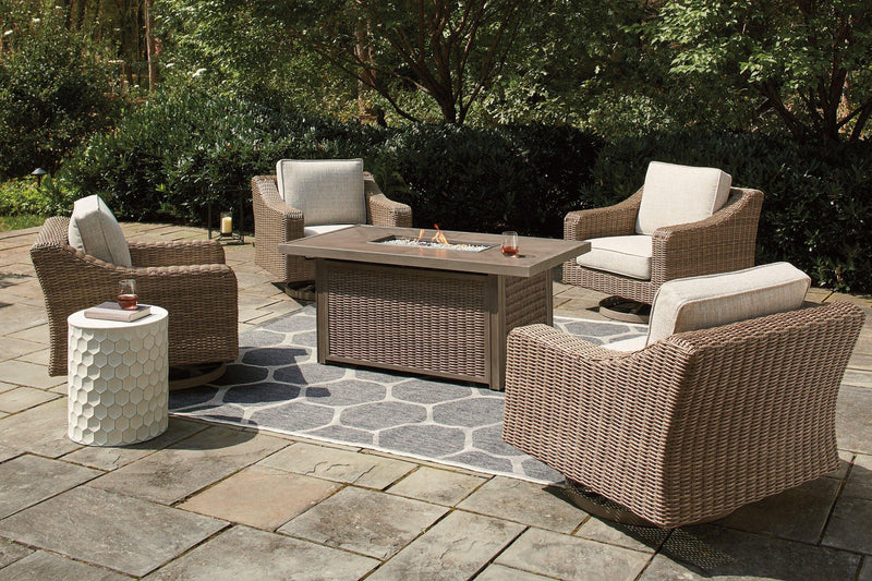 Beachcroft Beachcroft Fire Pit Table with Four Nuvella Swivel Lounge Chairs - Coastal Roots Furniture (Courtenay, BC)