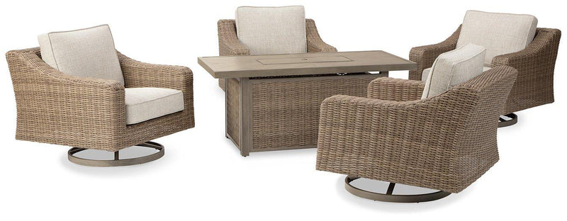 Beachcroft Beachcroft Fire Pit Table with Four Nuvella Swivel Lounge Chairs - Coastal Roots Furniture (Courtenay, BC)