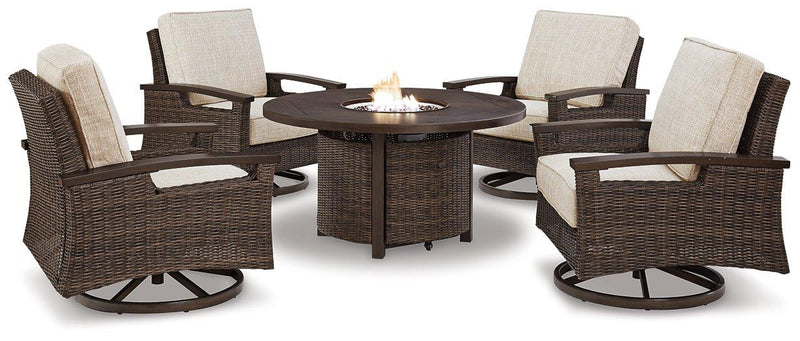 Paradise Trail Paradise Trail Fire Pit Table with 4 Nuvella Swivel Lounge Chairs - Coastal Roots Furniture (Courtenay, BC)